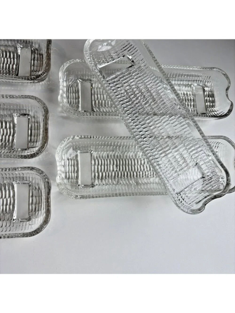 6 Vintage Corn On The Cob Dishes Holders Heavy Embossed Clear Glass 8” Footed